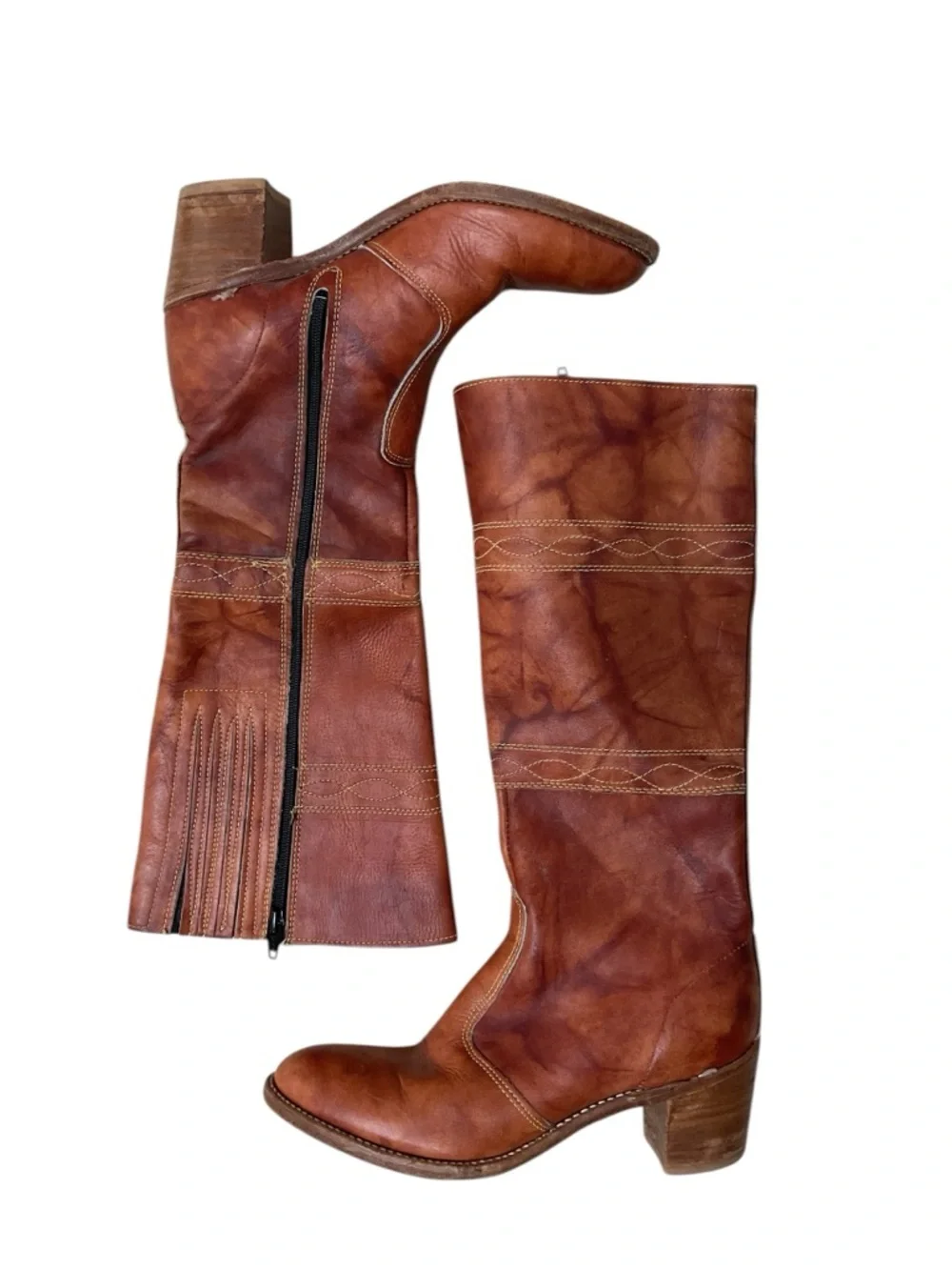 Vintage Brown Leather Knee High Boots Size 8 Side Zip Western